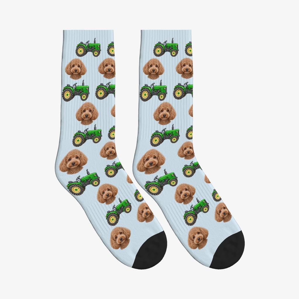 Farm Tractor Dog Face Socks in Powder Blue with a custom dog photo