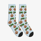 Farm Tractor Dog Face Socks in Powder Blue with a custom dog photo
