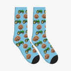 Farm Tractor Dog Face Socks in Sky Blue with a custom dog photo