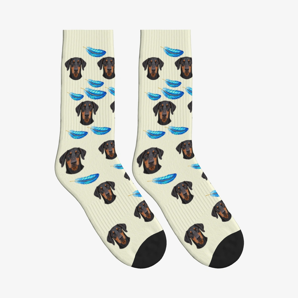 Feather Dog Face Socks in Beige with a custom dog photo