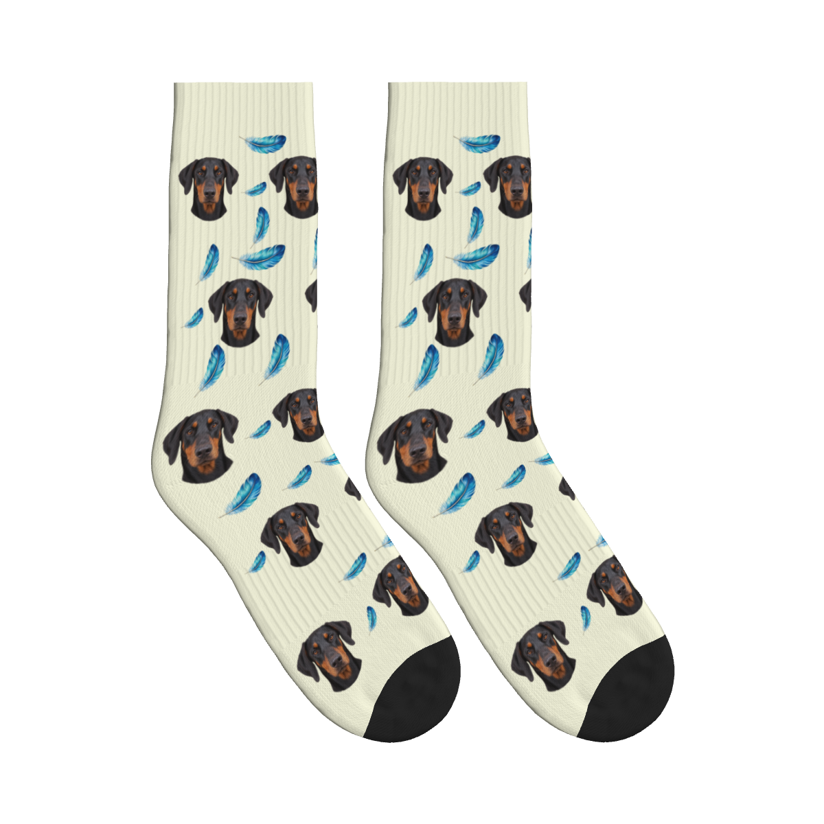 Feather Dog Face Socks in Beige with a custom dog photo