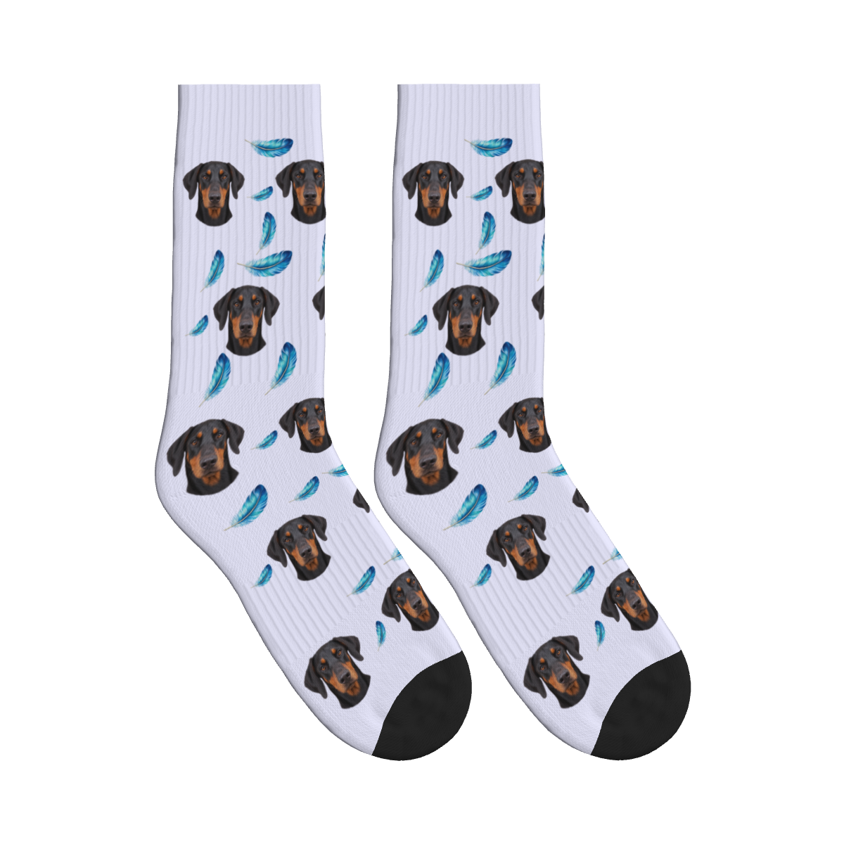 Feather Dog Face Socks in Lavender with a custom dog photo