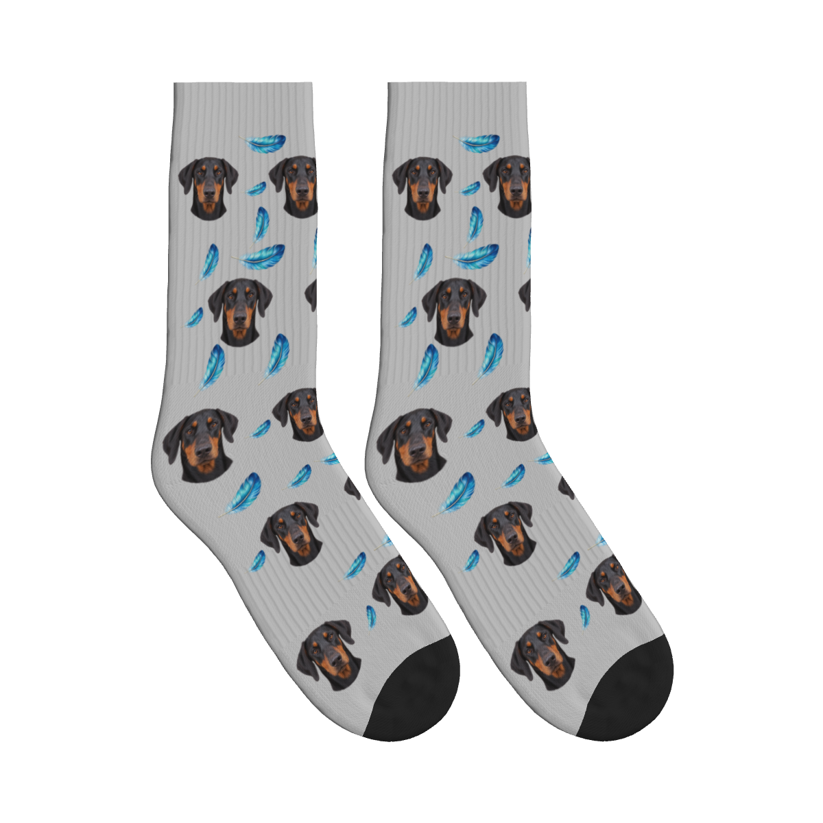 Feather Dog Face Socks in Light Gray with a custom dog photo