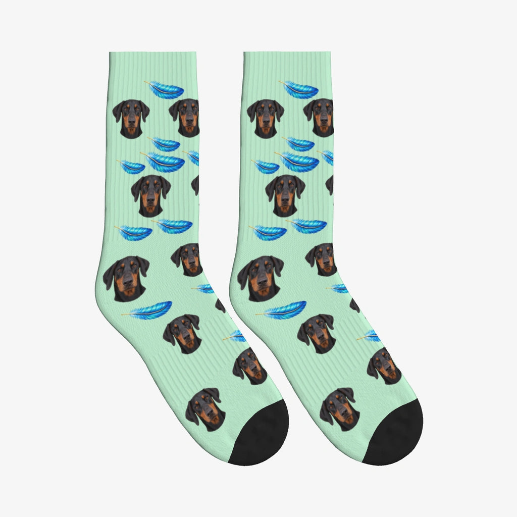 Feather Dog Face Socks in Mint Green with a custom dog photo
