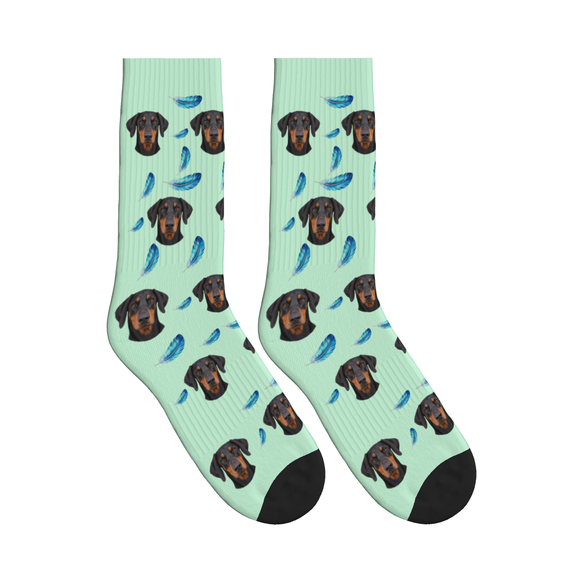 Feather Dog Face Socks in Mint Green with a custom dog photo