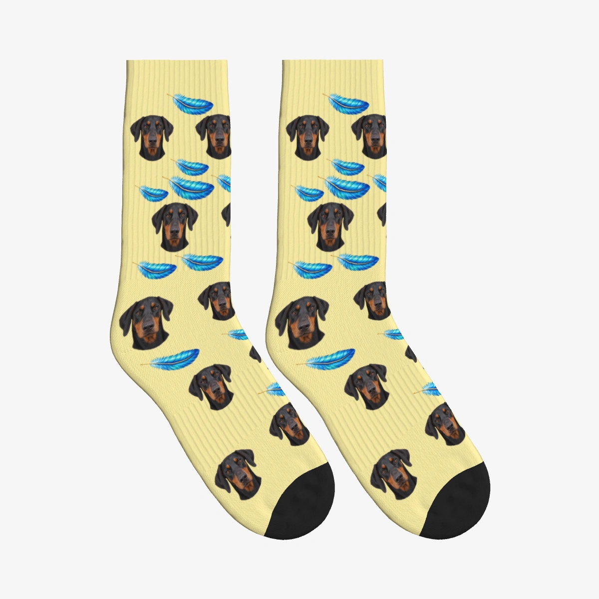 Feather Dog Face Socks in Pale Yellow with a custom dog photo