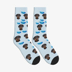 Feather Dog Face Socks in Powder Blue with a custom dog photo