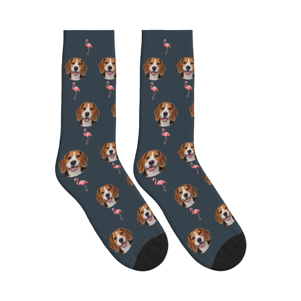 Flamingo Dog Face Socks in Charcoal Gray with a custom dog photo