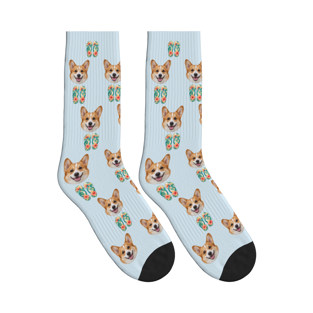 Flip Flops Dog Face Socks in Powder Blue with a custom dog photo