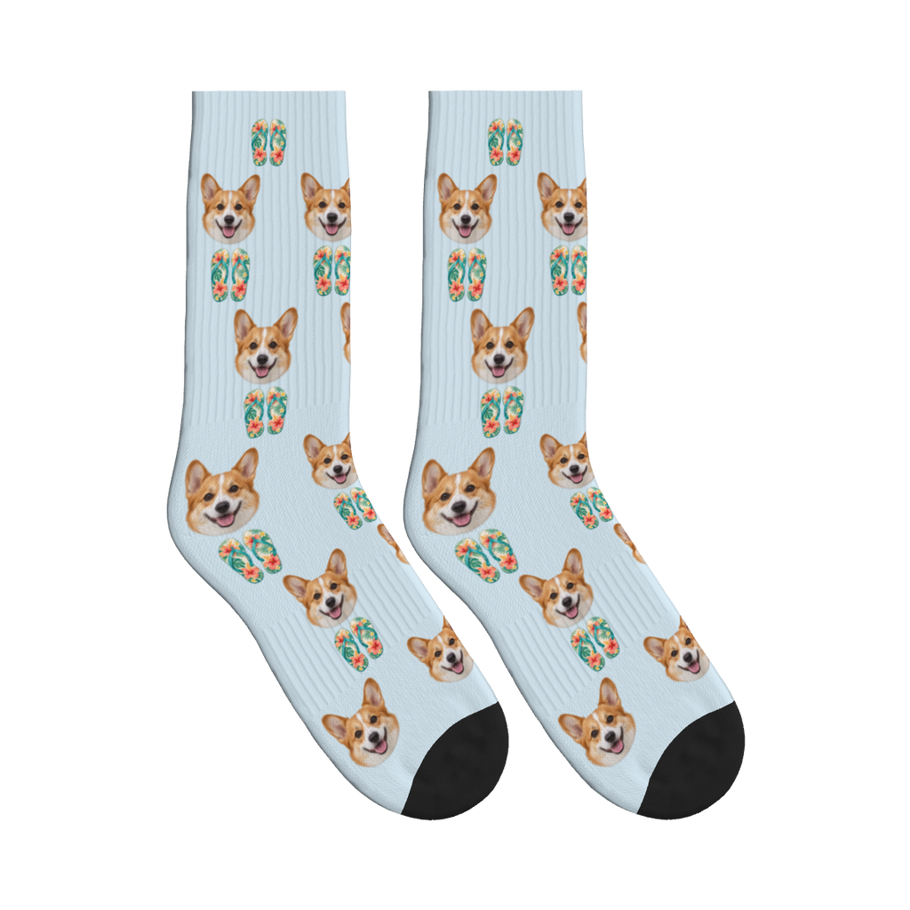 Flip Flops Dog Face Socks in Powder Blue with a custom dog photo