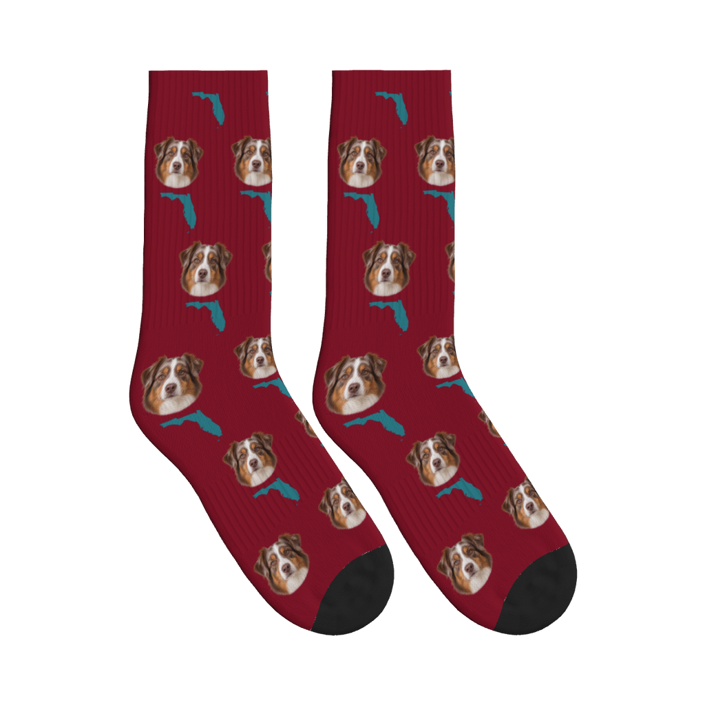 Florida Map Dog Face Socks in Burgundy with a custom dog photo