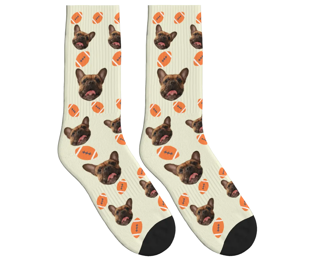 Football & Dog Face Socks - Beige / Crew Socks