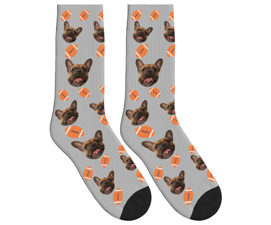 Football & Dog Face Socks - Light Gray / Crew Socks
