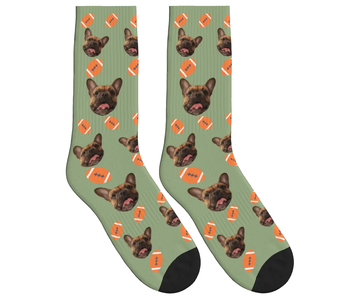 Football & Dog Face Socks - Sage Green / Crew Socks