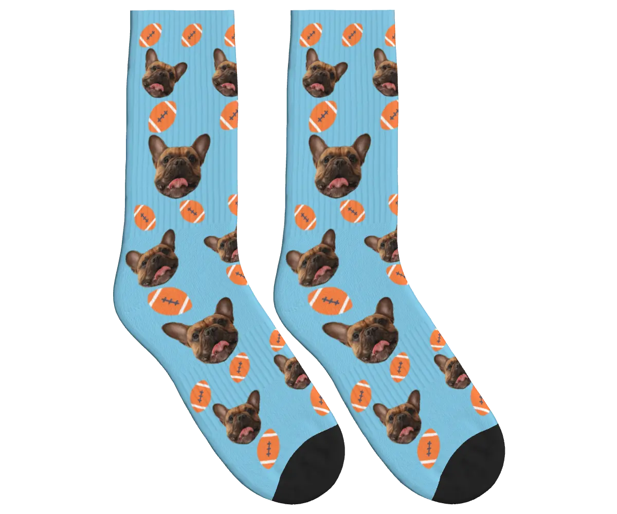 Football & Dog Face Socks - Sky Blue / Crew Socks