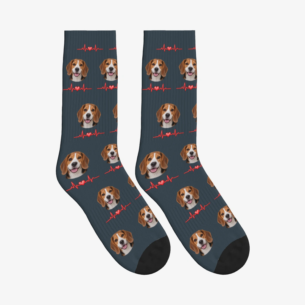 Heartbeat Line Dog Face Socks in Charcoal Gray with a custom dog photo