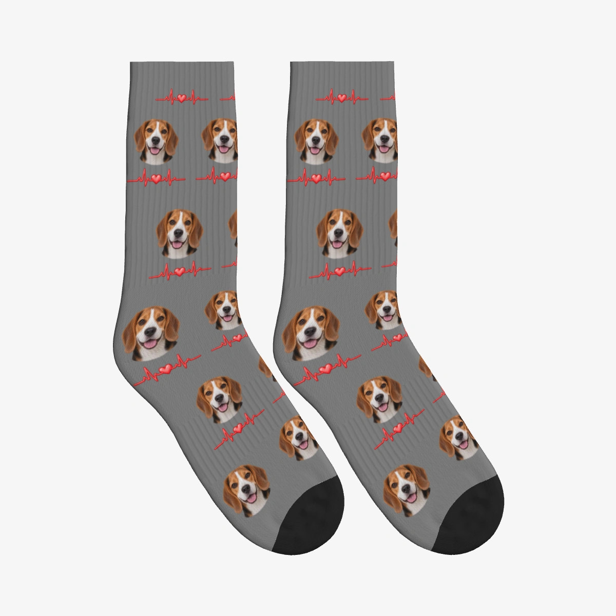 Heartbeat Line Dog Face Socks in Gray with a custom dog photo