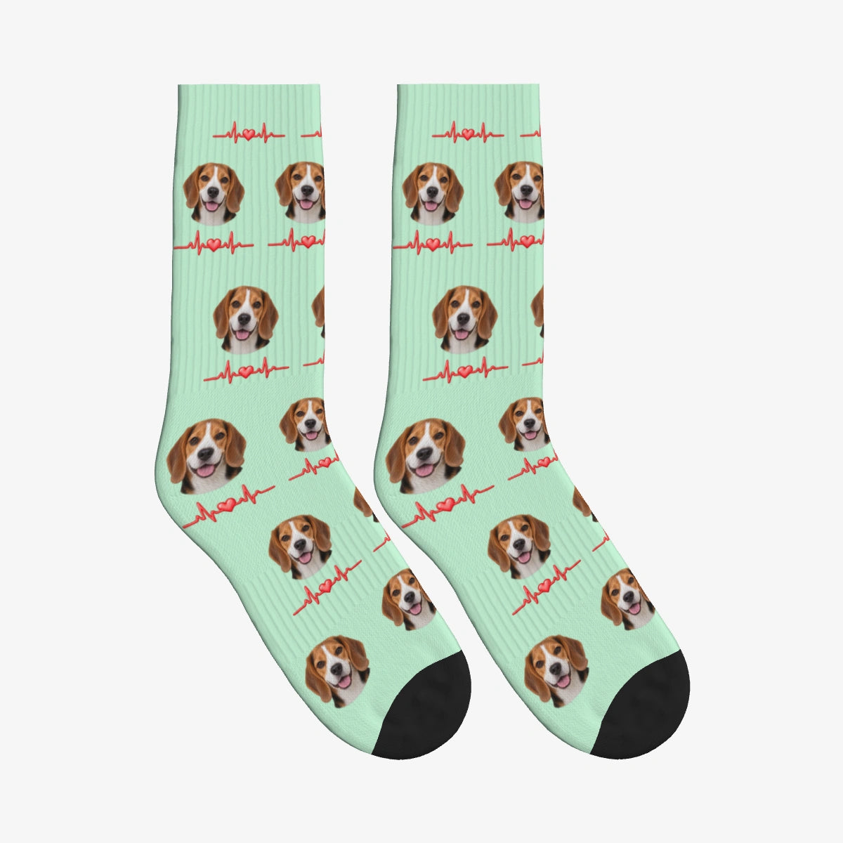 Heartbeat Line Dog Face Socks in Mint Green with a custom dog photo