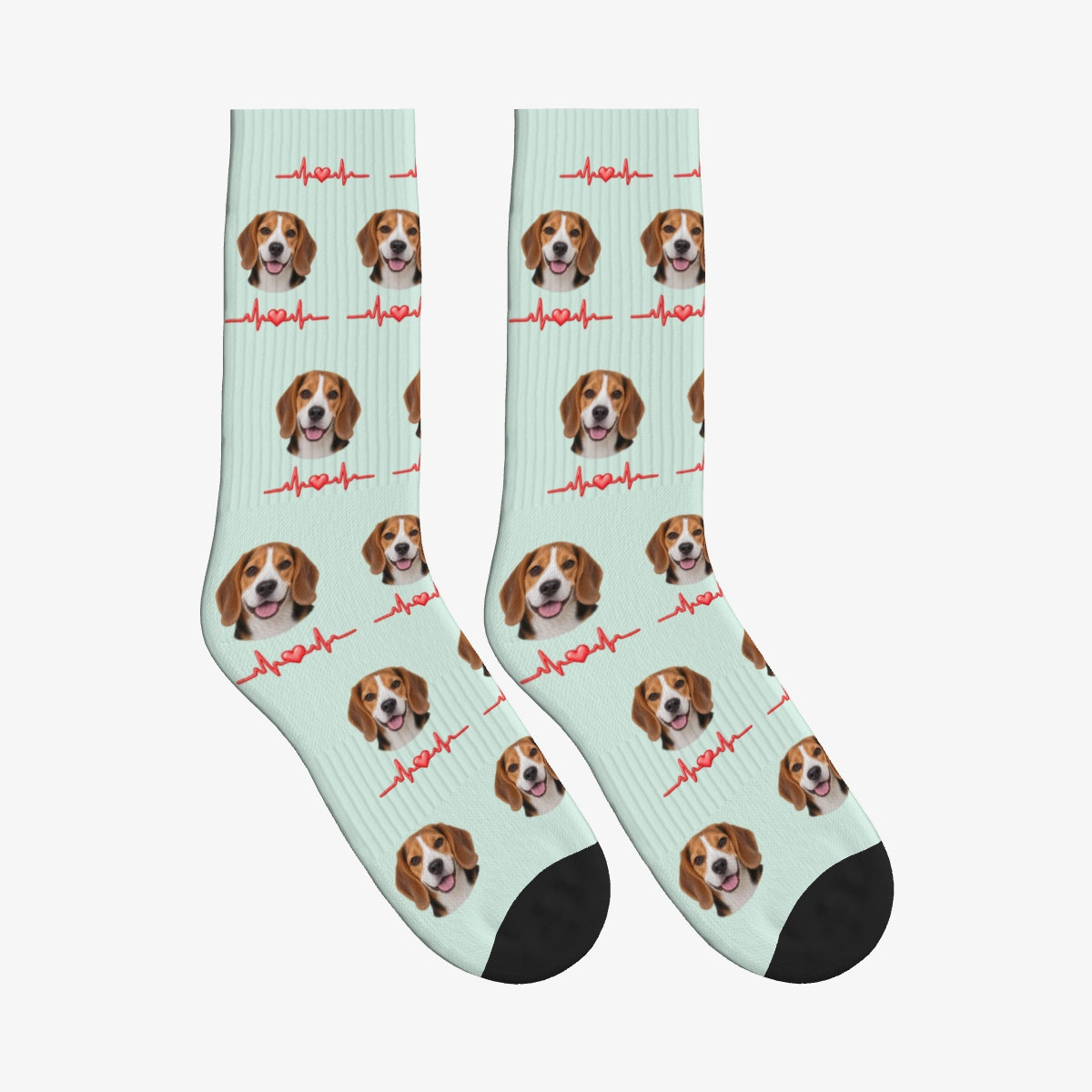 Heartbeat Line Dog Face Socks in Pale Mint with a custom dog photo