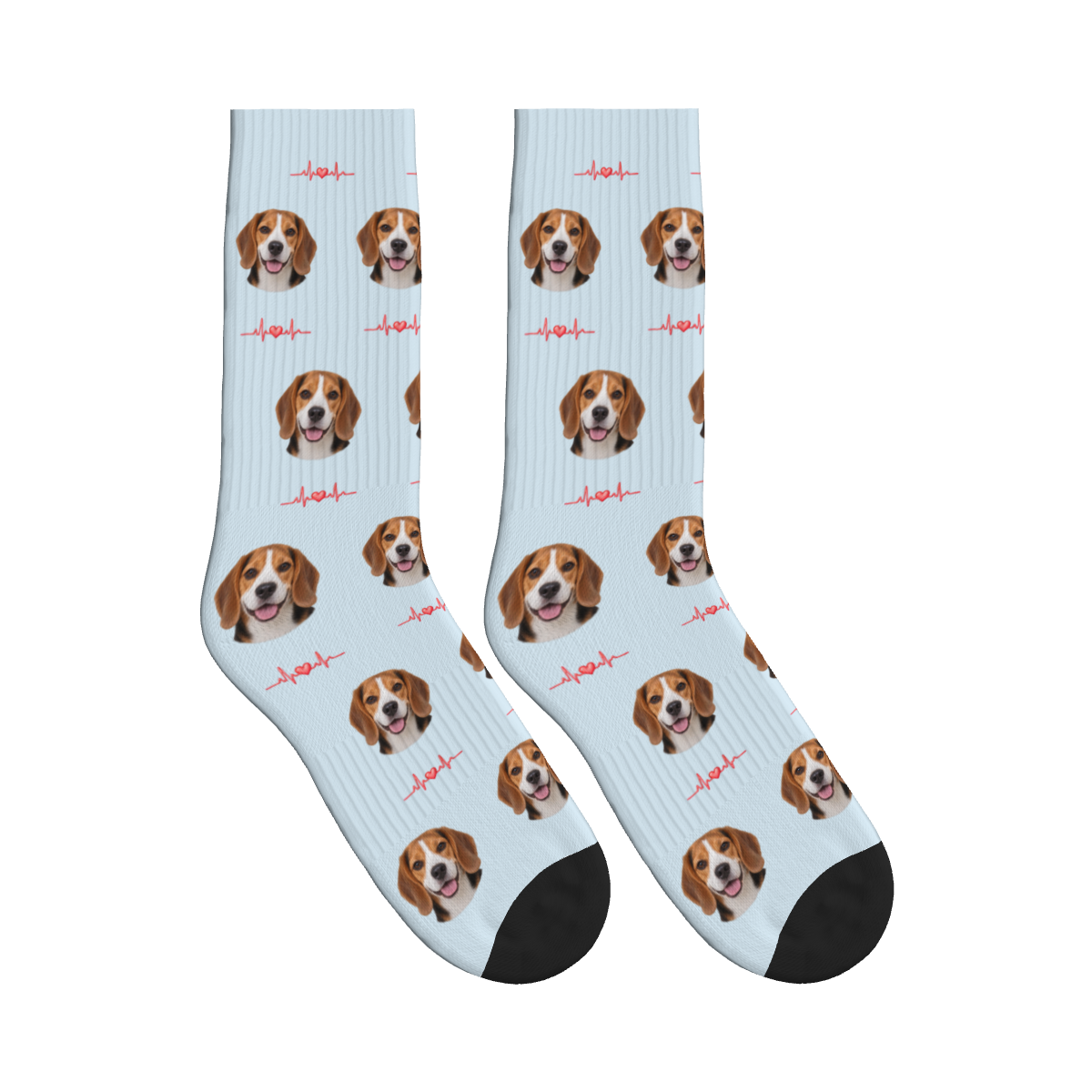 Heartbeat Line Dog Face Socks in Powder Blue with a custom dog photo