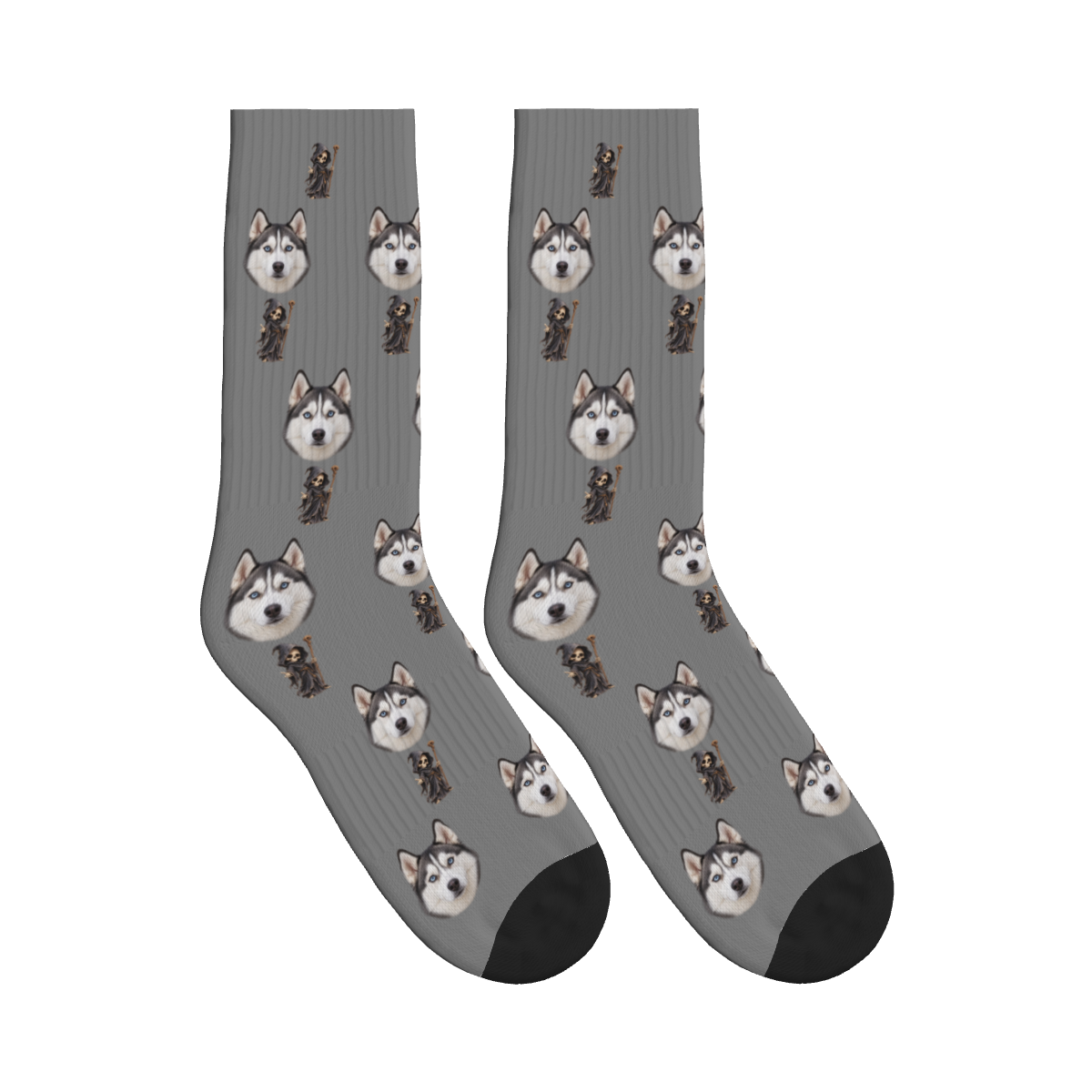 Hooded Skeleton Dog Face Socks in Gray with a custom dog photo