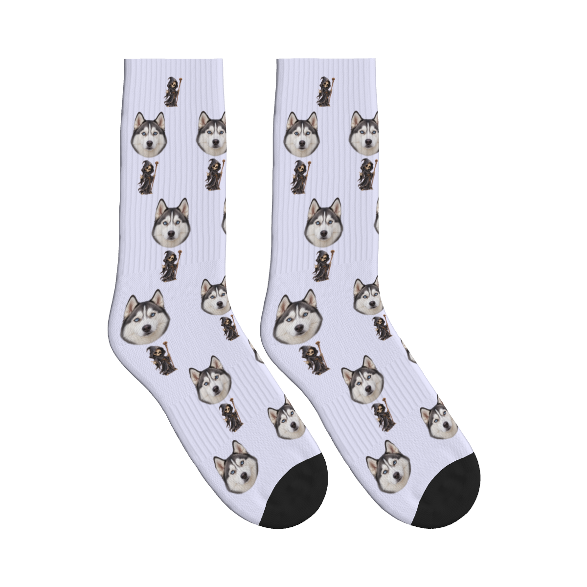 Hooded Skeleton Dog Face Socks in Lavender with a custom dog photo