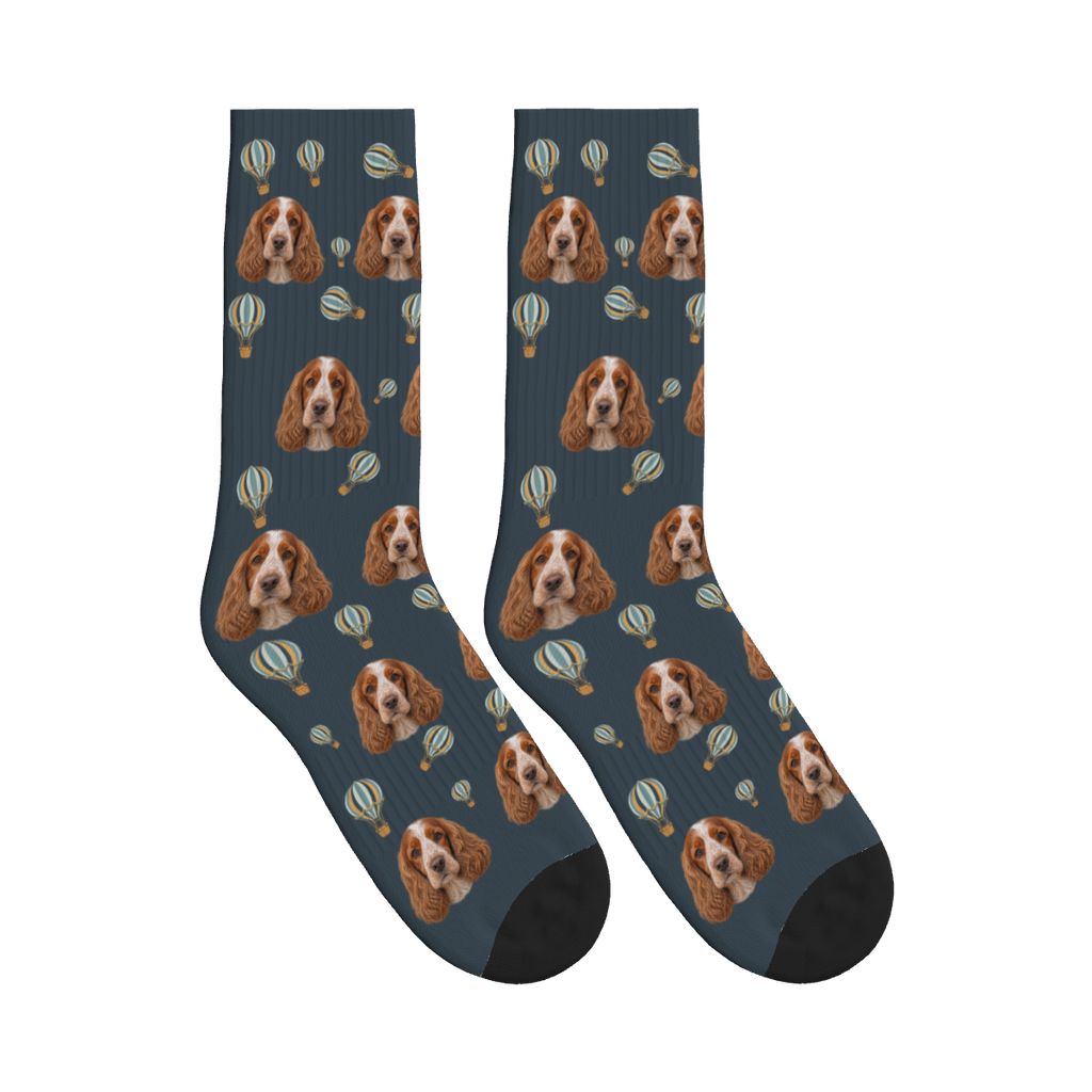 Hot Air Balloon Dog Face Socks in Charcoal Gray with a custom dog photo