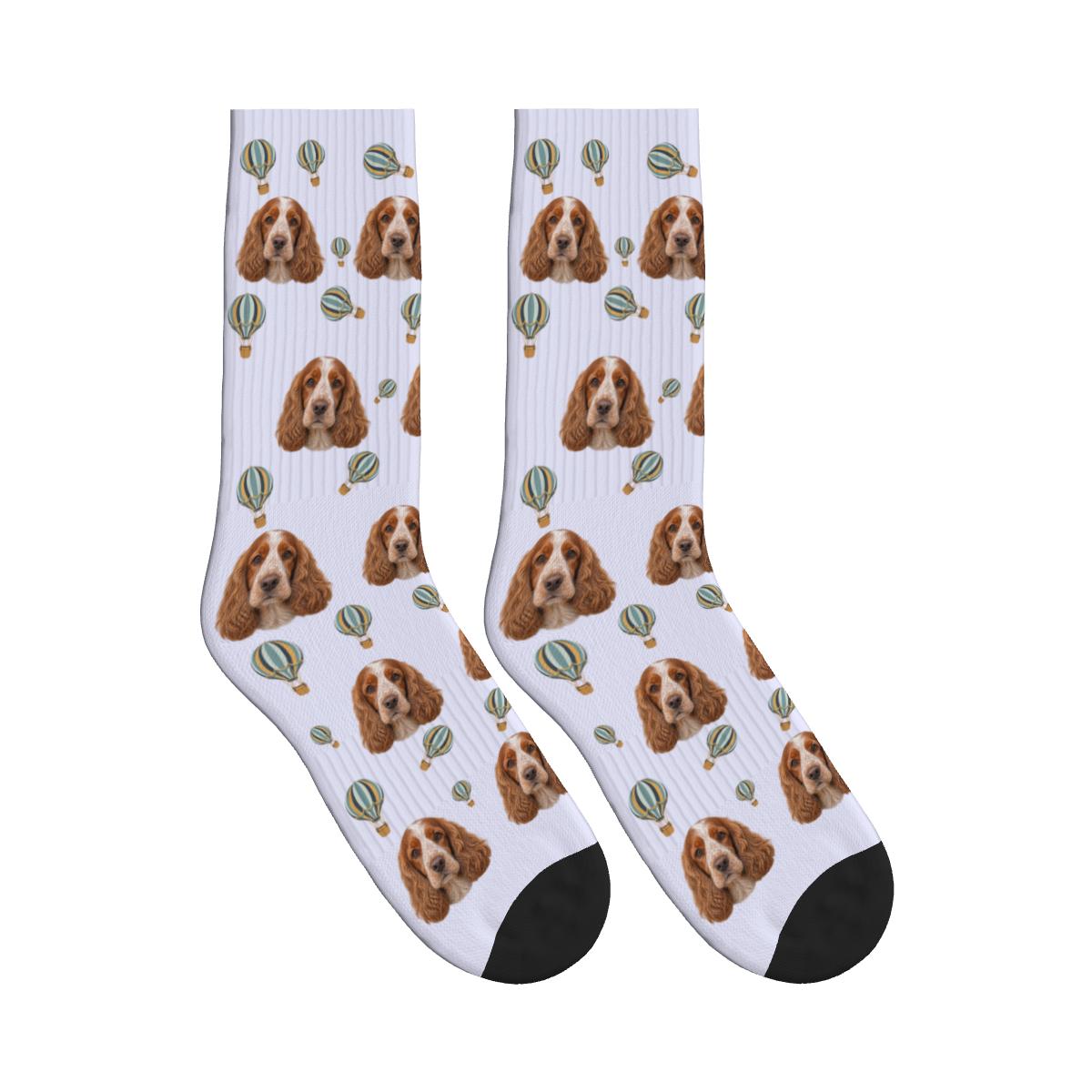 Hot Air Balloon Dog Face Socks in Lavender with a custom dog photo