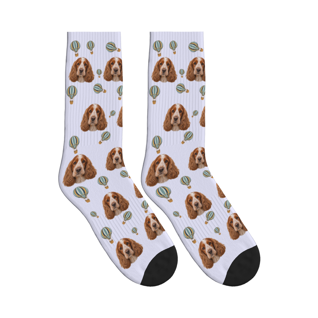 Hot Air Balloon Dog Face Socks in Lavender with a custom dog photo