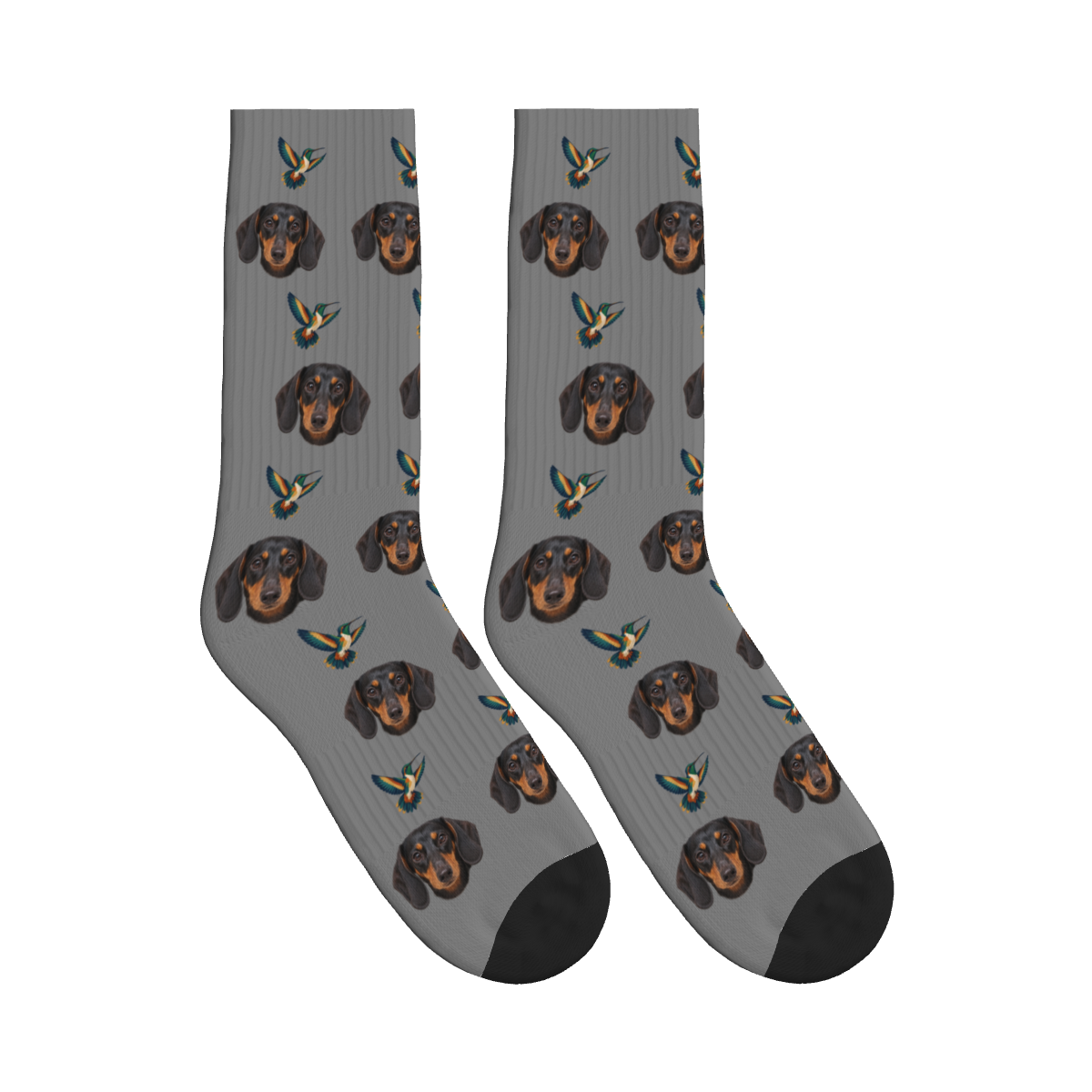 Hovering Hummingbird Dog Face Socks in Gray with a custom dog photo