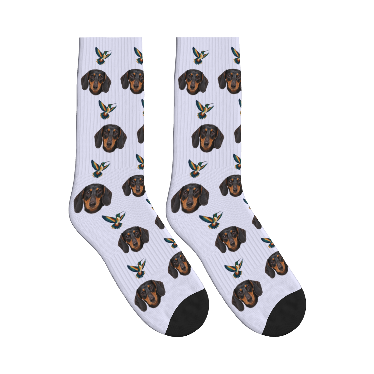Hovering Hummingbird Dog Face Socks in Lavender with a custom dog photo