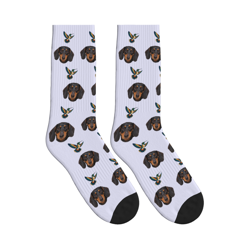Hovering Hummingbird Dog Face Socks in Lavender with a custom dog photo