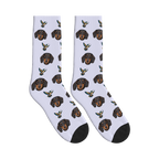 Hovering Hummingbird Dog Face Socks in Lavender with a custom dog photo