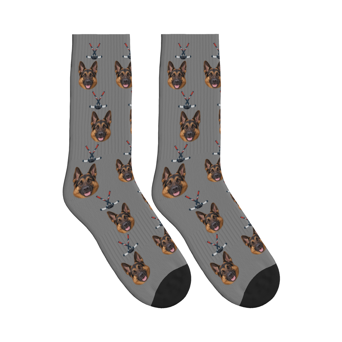 Ice Hockey Dog Face Socks in Gray with a custom dog photo