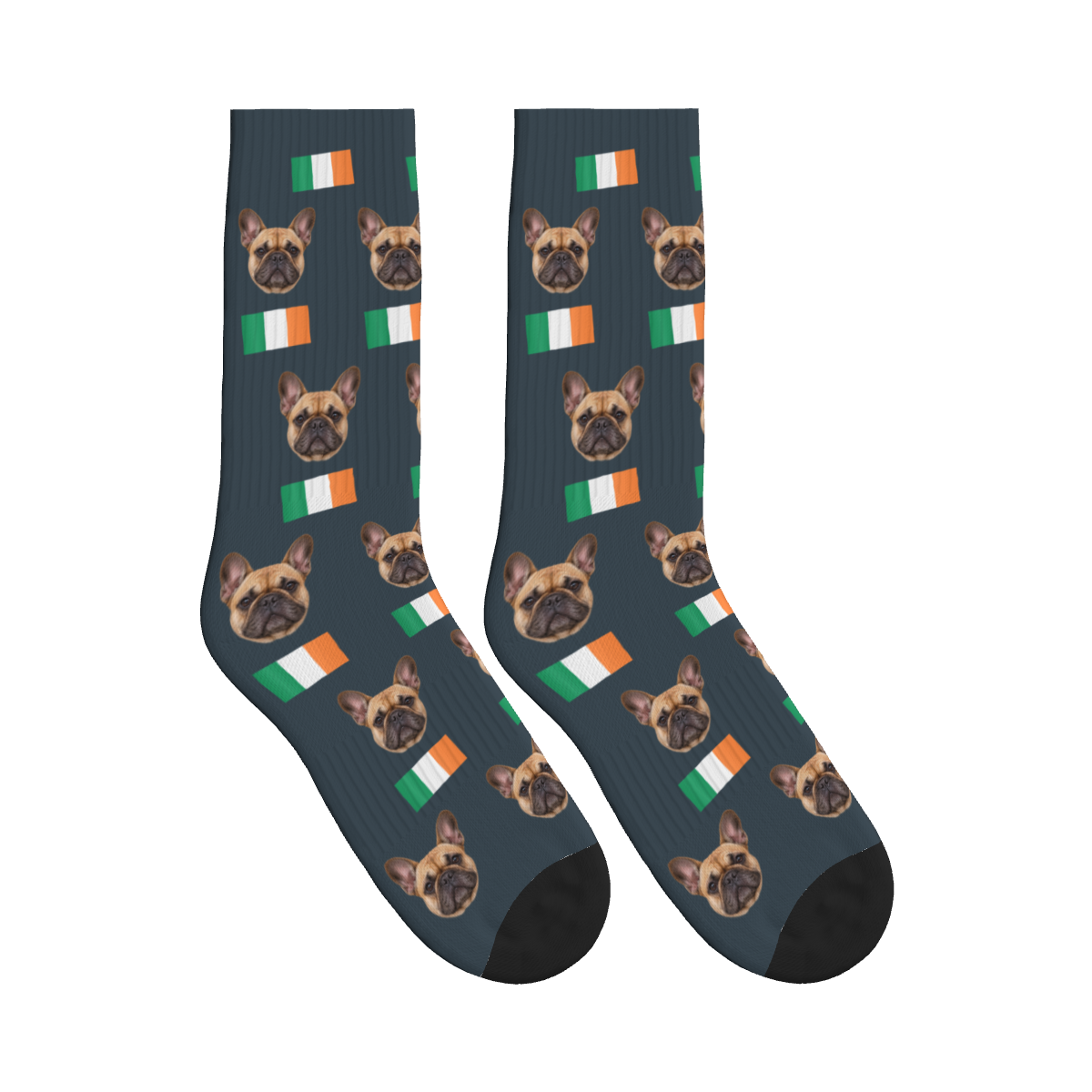 Ireland Flag Dog Face Socks in Charcoal Gray with a custom dog photo