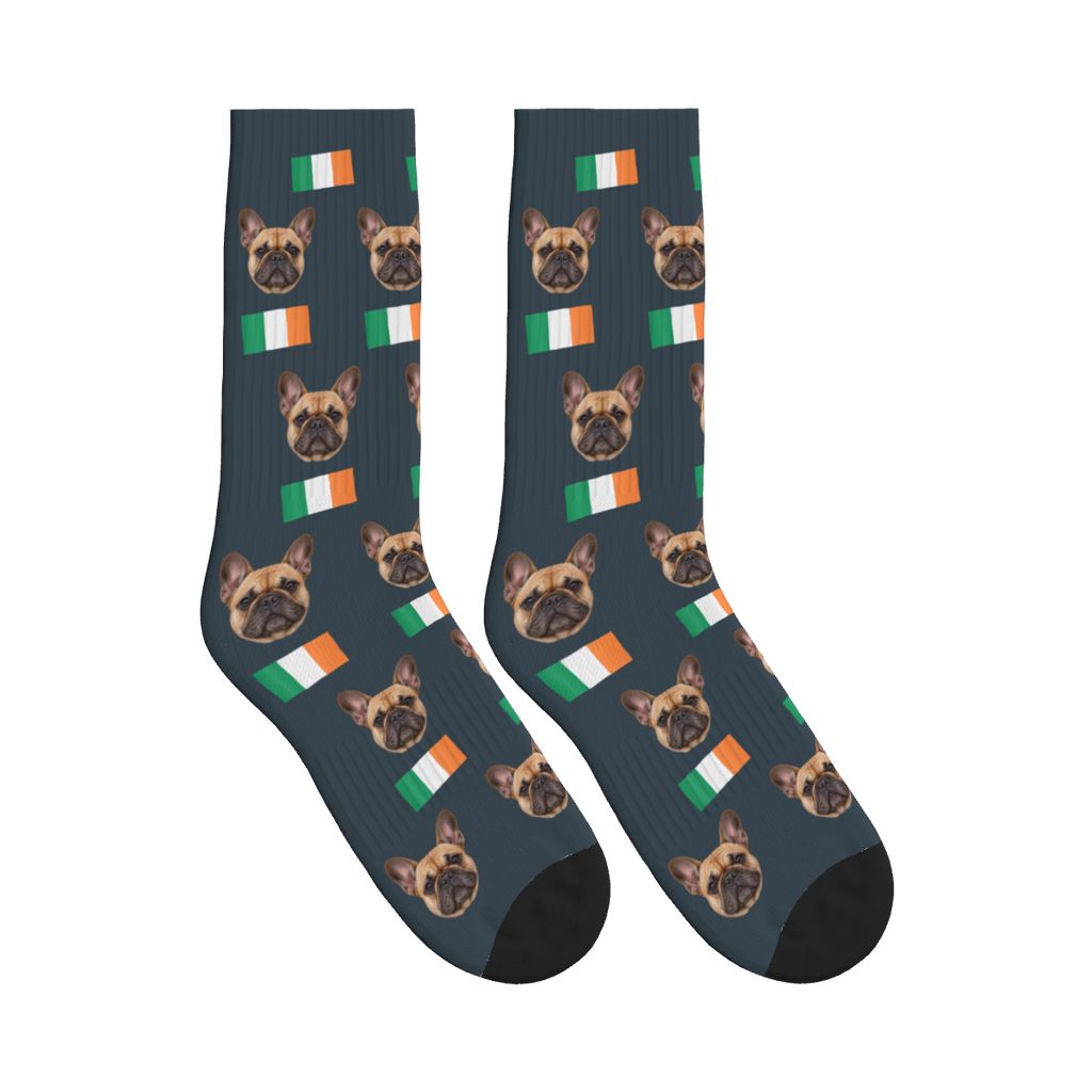 Ireland Flag Dog Face Socks in Charcoal Gray with a custom dog photo