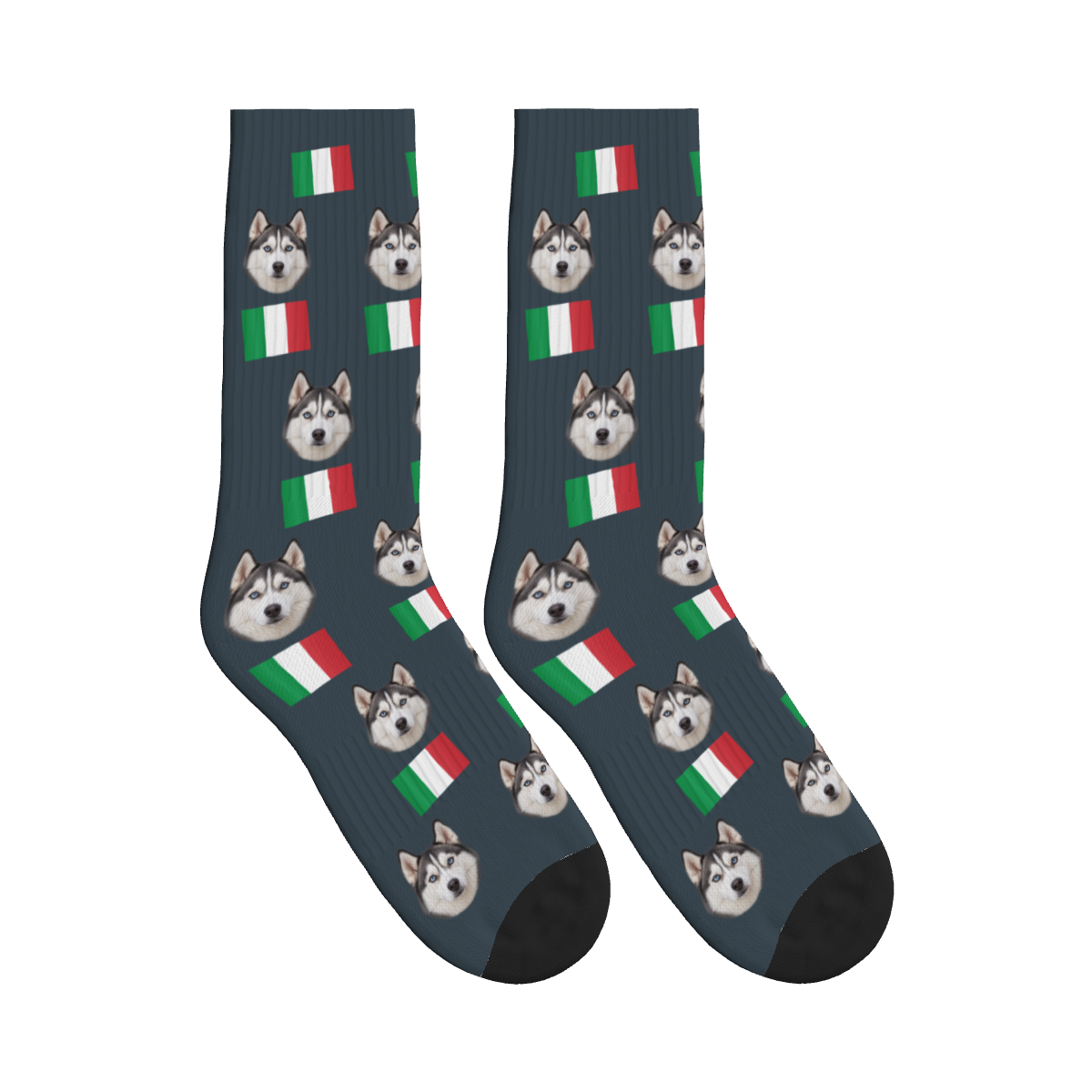 Italy Flag Dog Face Socks in Charcoal Gray with a custom dog photo