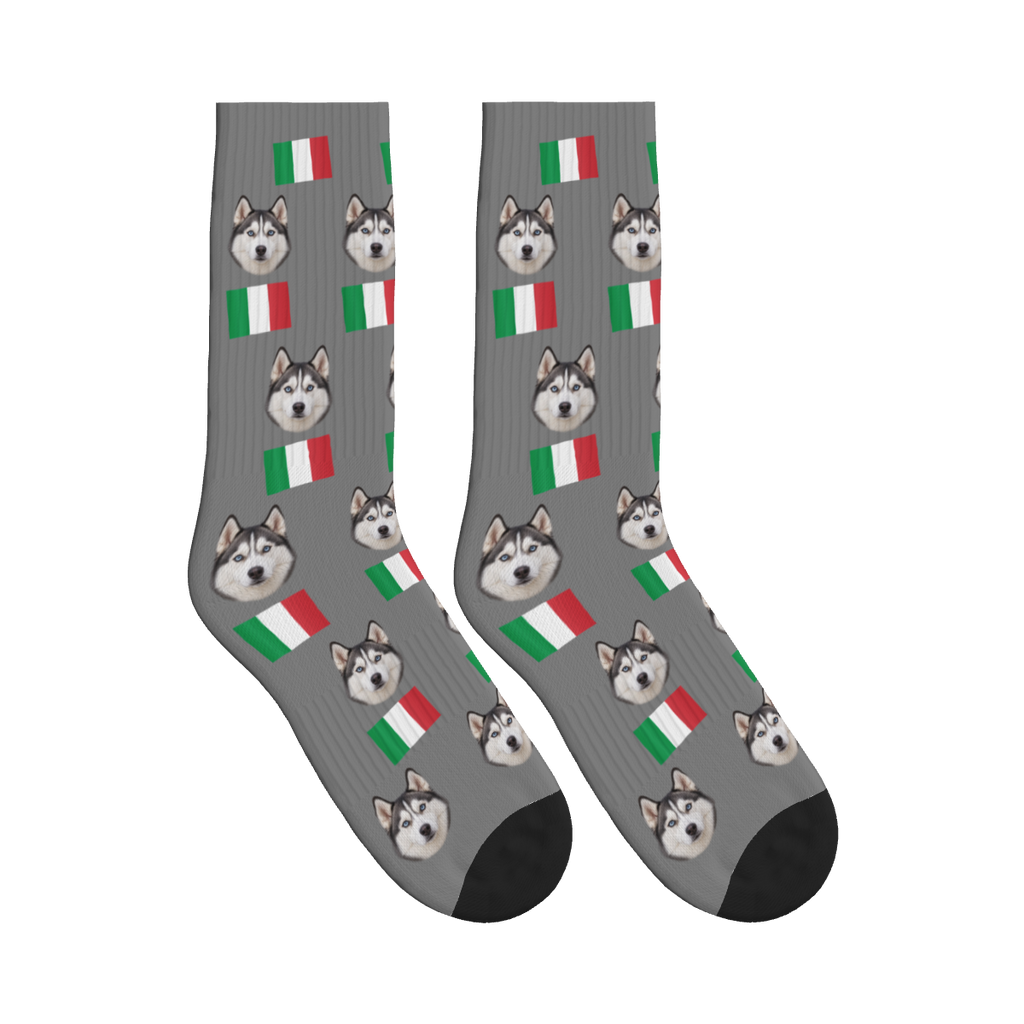 Italy Flag Dog Face Socks in Gray with a custom dog photo