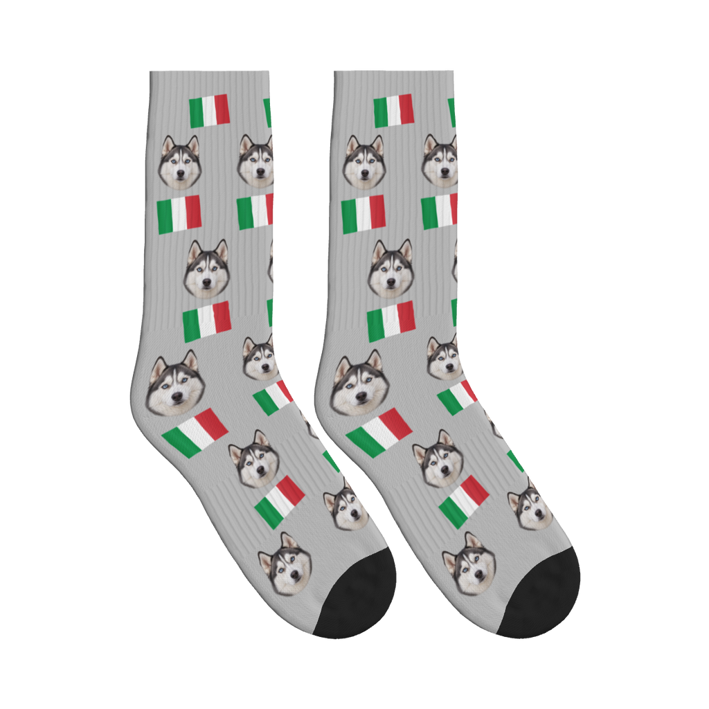 Italy Flag Dog Face Socks in Light Gray with a custom dog photo