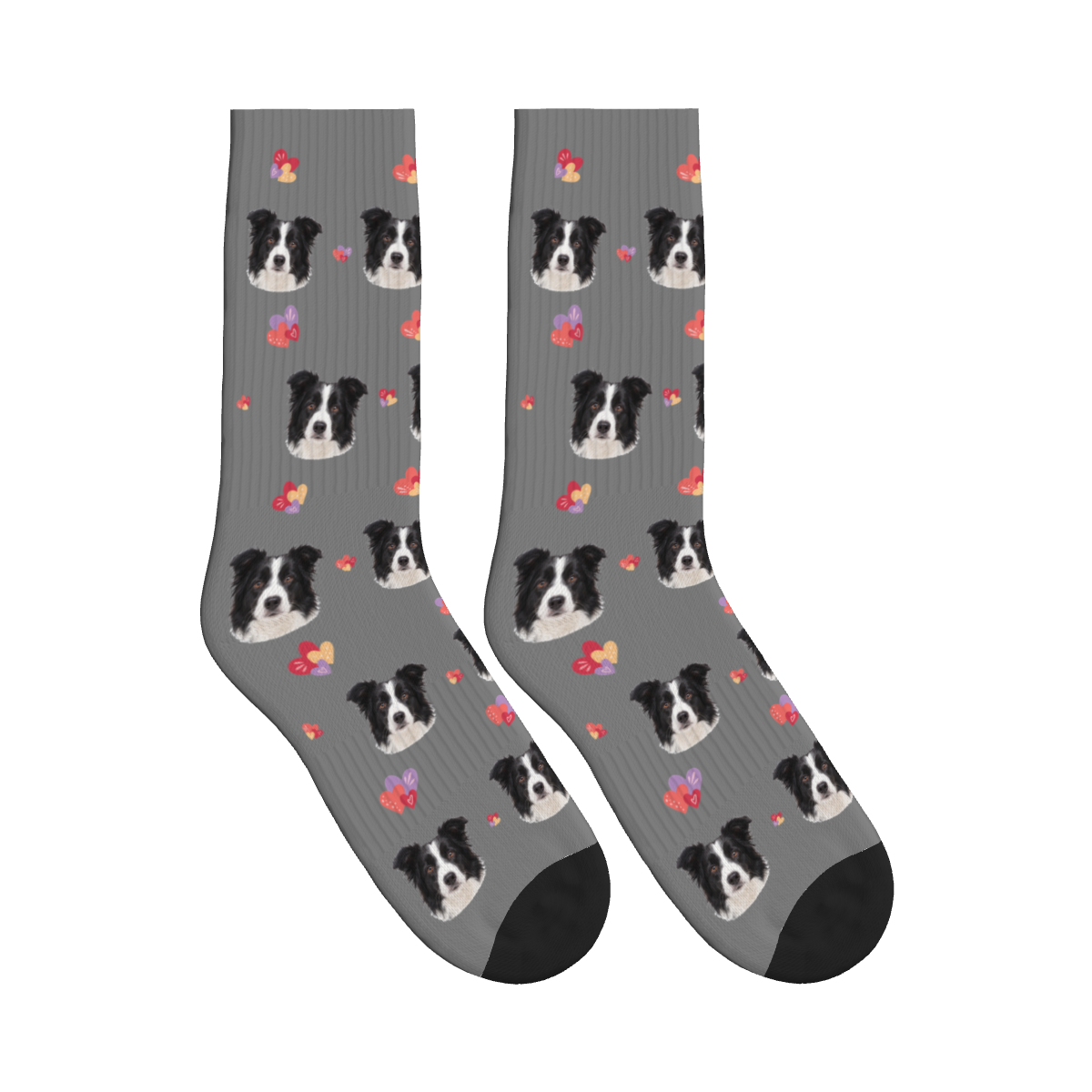 Layered Hearts Dog Face Socks in Gray with a custom dog photo