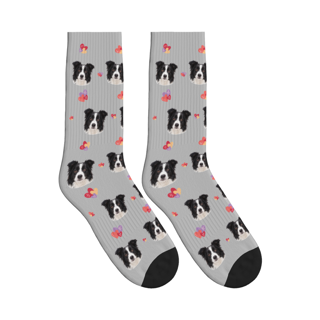 Layered Hearts Dog Face Socks in Light Gray with a custom dog photo