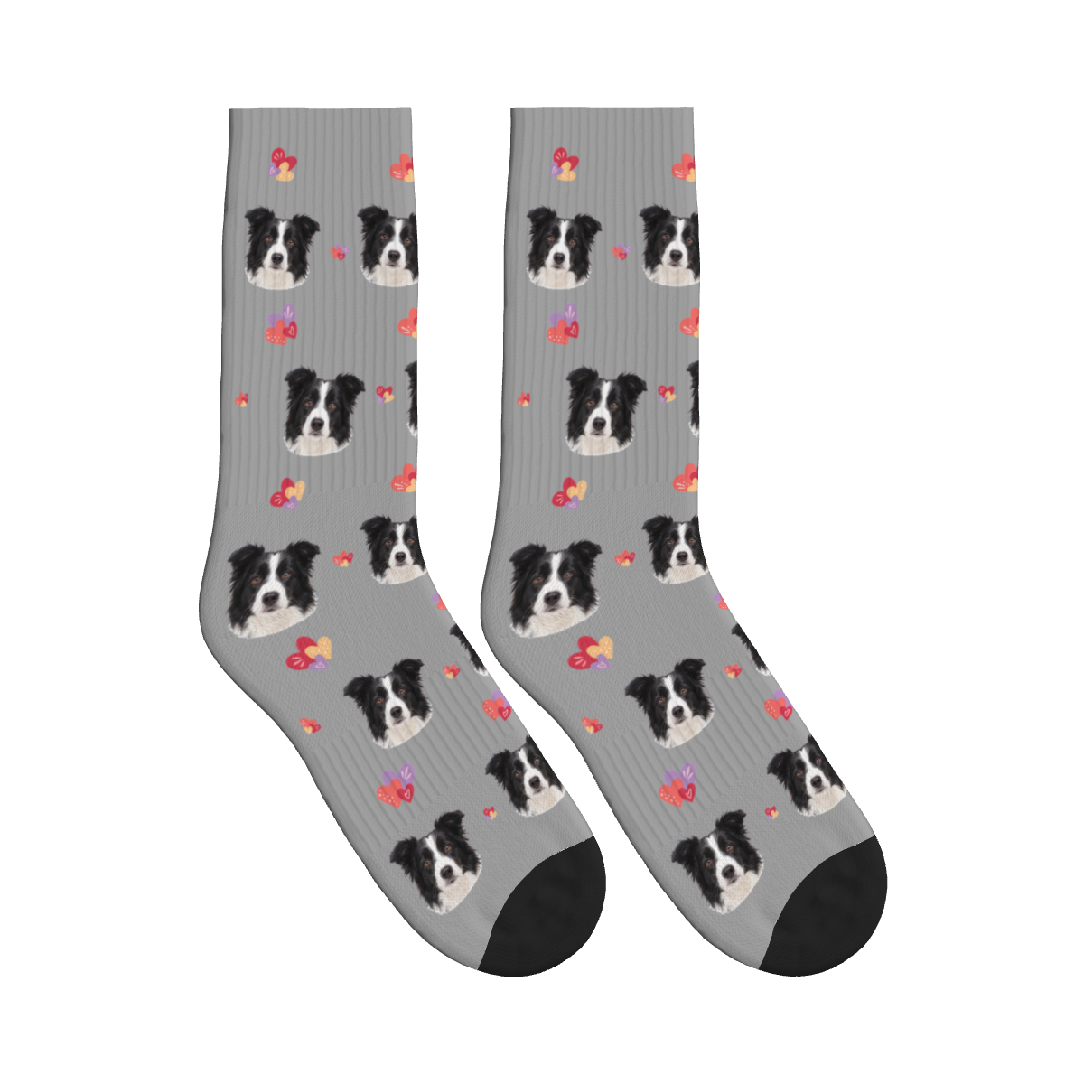 Layered Hearts Dog Face Socks in Silver Gray with a custom dog photo