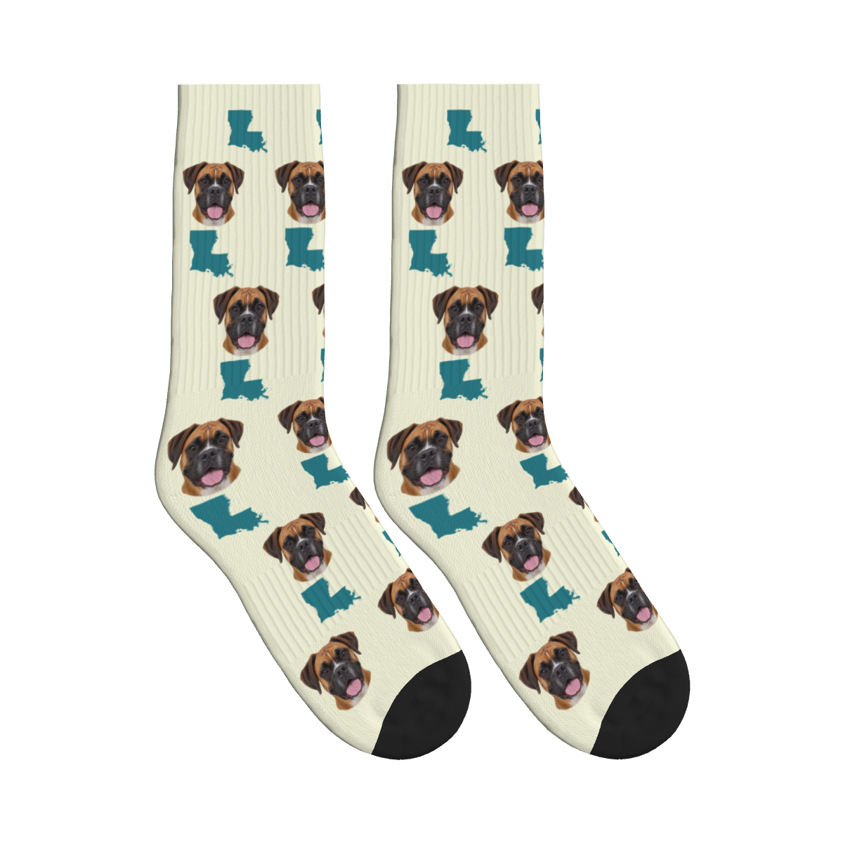 Louisiana Map Dog Face Socks in Beige with a custom dog photo