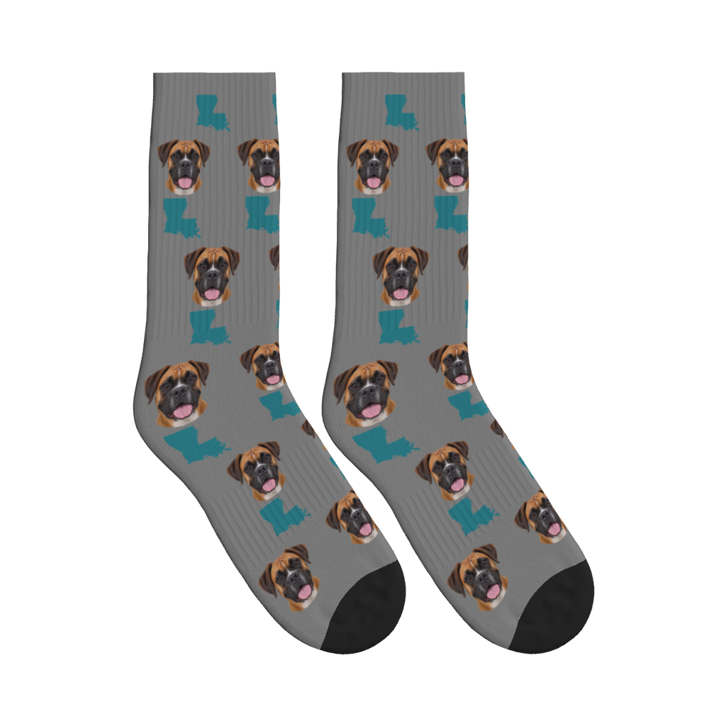Louisiana Map Dog Face Socks in Gray with a custom dog photo
