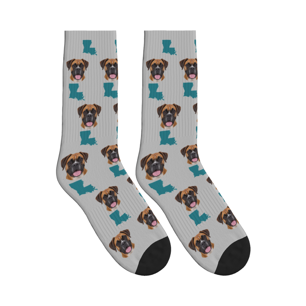 Louisiana Map Dog Face Socks in Light Gray with a custom dog photo