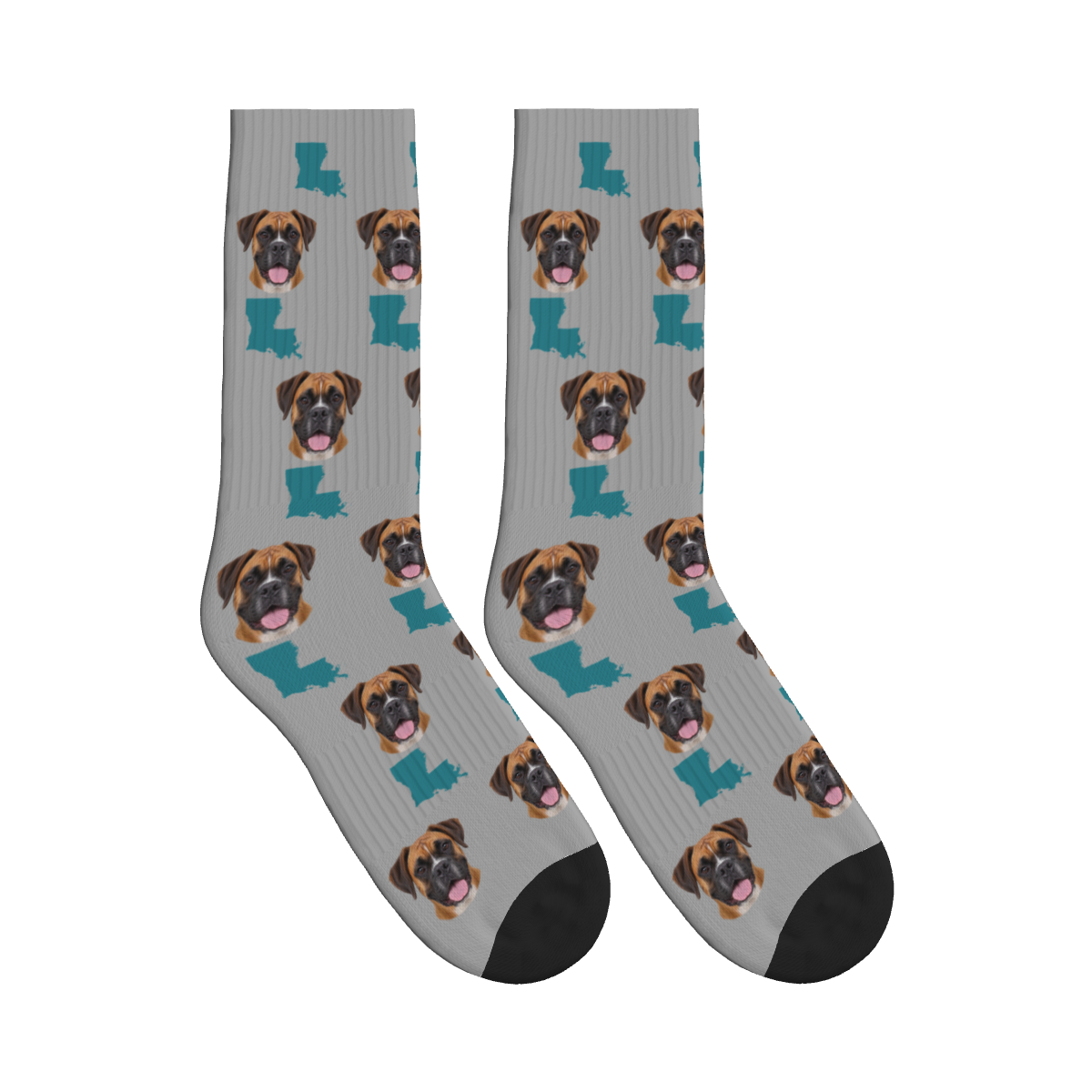Louisiana Map Dog Face Socks in Silver Gray with a custom dog photo