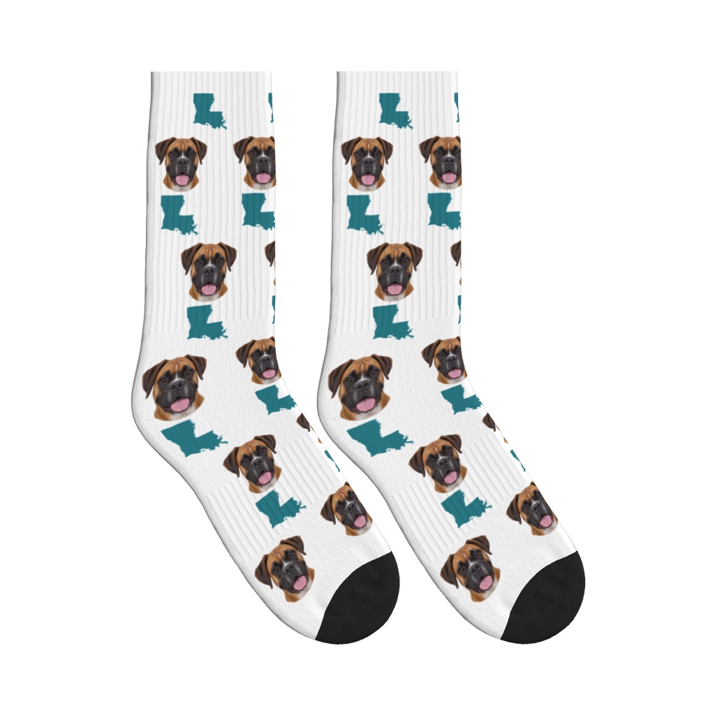 Louisiana Map Dog Face Socks in White with a custom dog photo