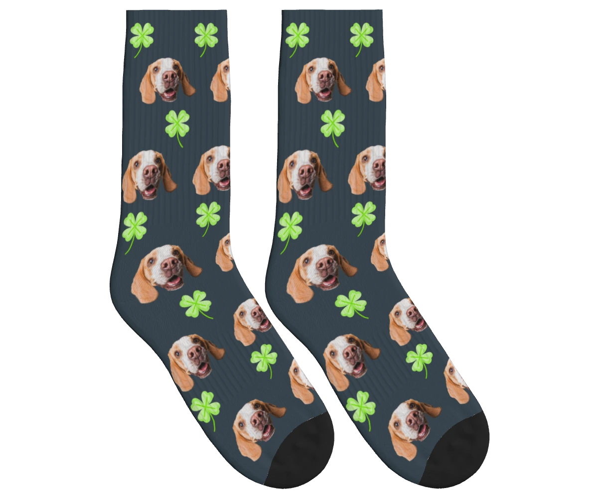 Clover & Dog Face Socks in Charcoal Gray — personalized dog photo design