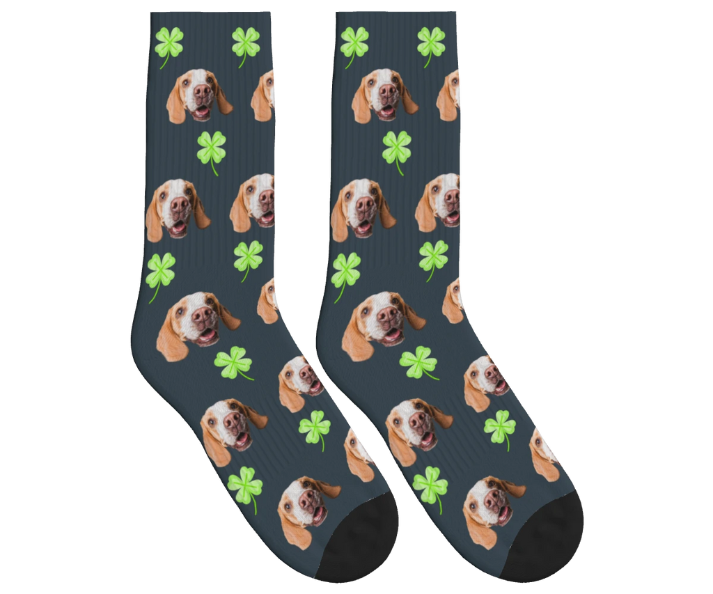 Clover & Dog Face Socks in Charcoal Gray — personalized dog photo design