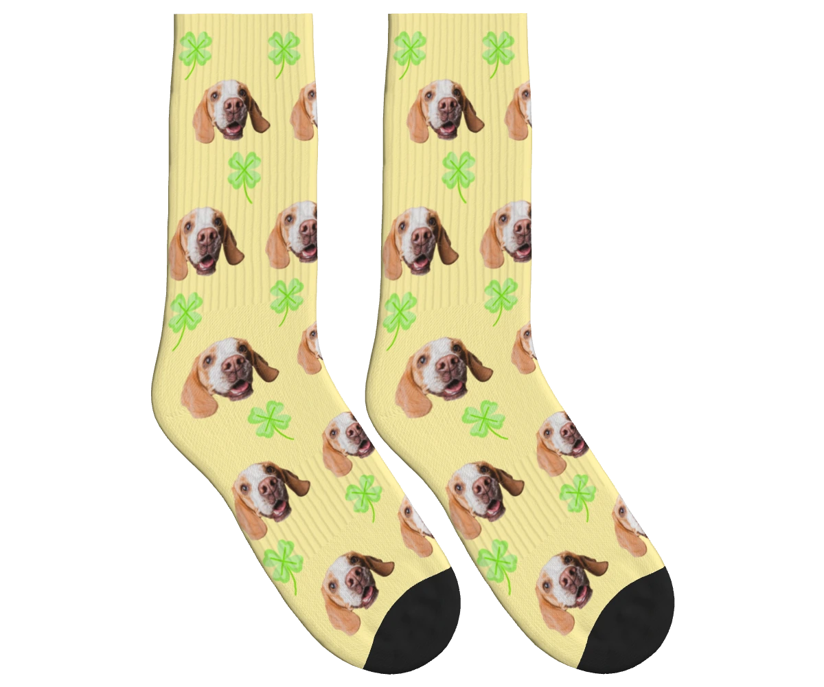 Clover & Dog Face Socks in Pale Yellow — personalized dog photo design